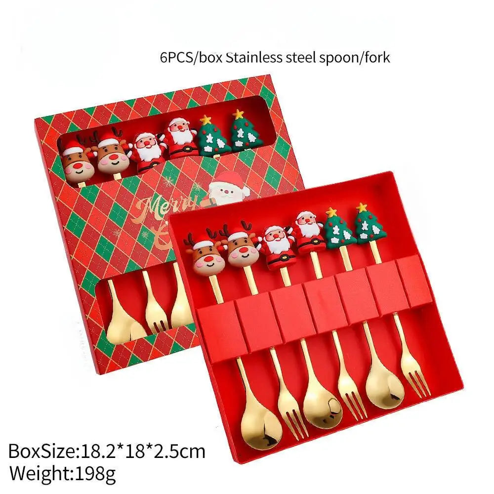 2/4/6Pcs Christmas Fork and Spoon Set,Stainless Steel Creative Tableware,Coffee Tea Dessert Forks and Spoons Gift Set