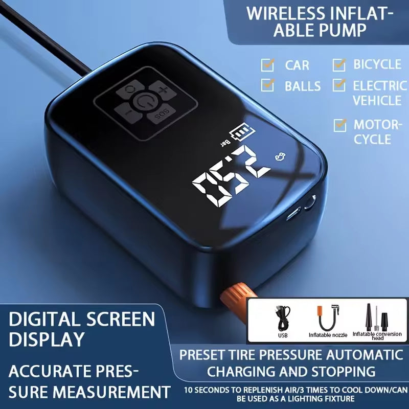 Wireless Car Air Compressor and Electric Tire Inflator for Motorcycles, Bicycles, Boats, and Inflatable Items