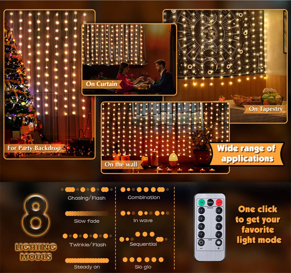 LED Fairy String Curtain Lights with 8 Modes, Remote Control, and USB for Festive Home Decoration - Christmas and New Year Lamp
