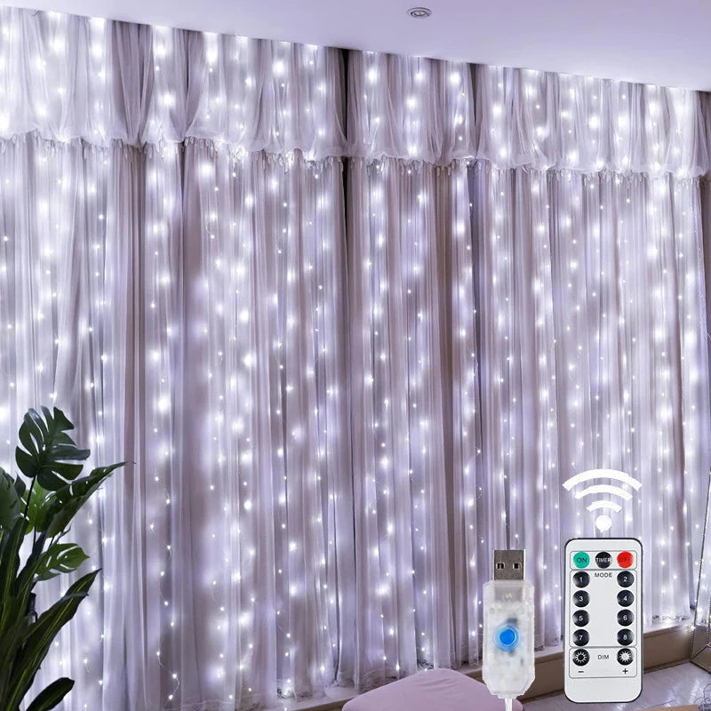 LED Fairy String Curtain Lights with 8 Modes, Remote Control, and USB for Festive Home Decoration - Christmas and New Year Lamp