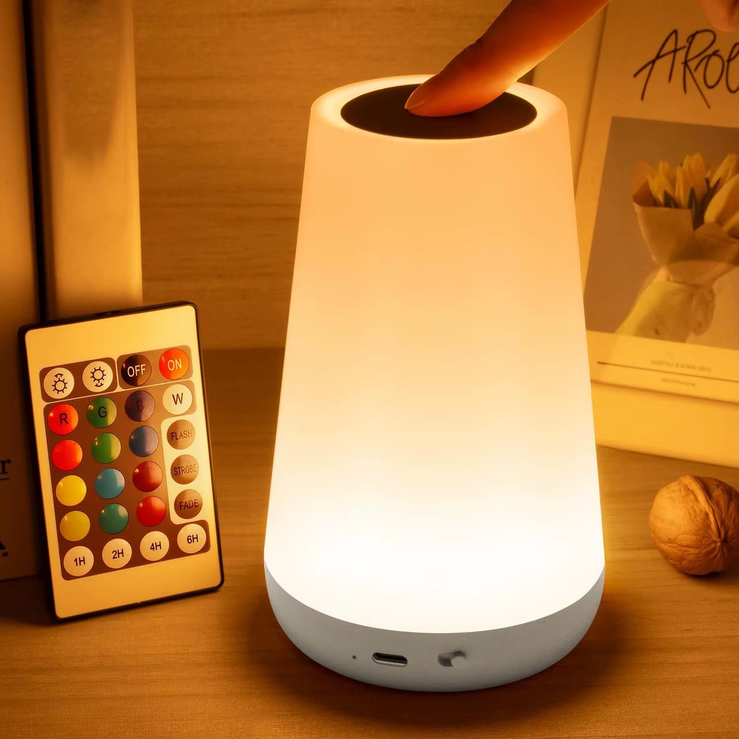 RGB LED Night Light with Remote Control and Touch Functionality - Dimmable, USB Rechargeable, Portable Table and Bedside Lamp with 13 Color Options