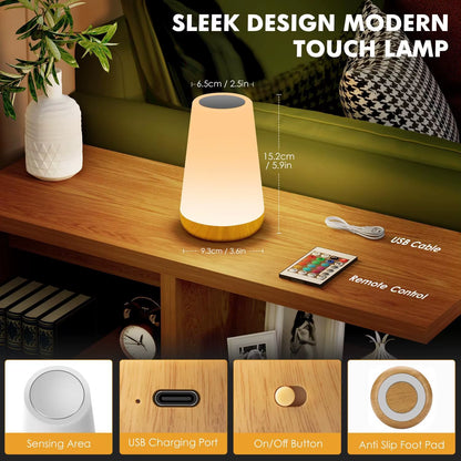 RGB LED Night Light with Remote Control and Touch Functionality - Dimmable, USB Rechargeable, Portable Table and Bedside Lamp with 13 Color Options