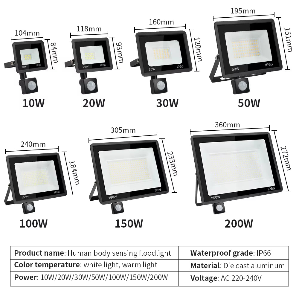 LE PIR Motion Sensor Floolight Outoor Wall Light White Light 100W 50W 30W 20W 10W IP66 Waterproof LE Spotlight for Garen