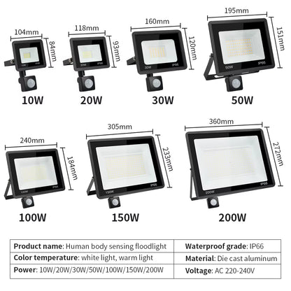 LE PIR Motion Sensor Floolight Outoor Wall Light White Light 100W 50W 30W 20W 10W IP66 Waterproof LE Spotlight for Garen