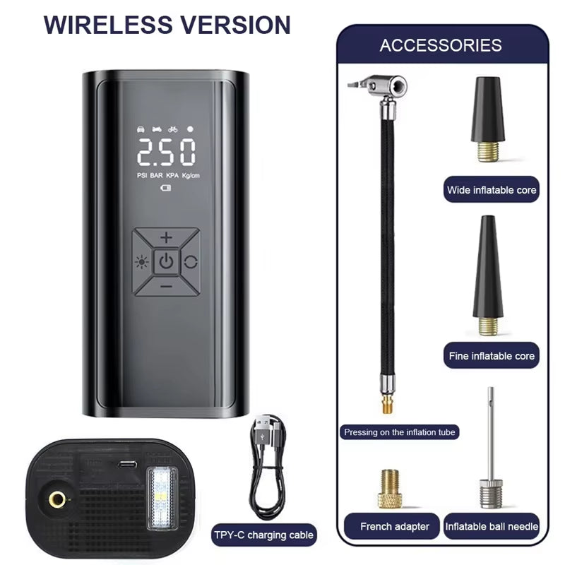 Wireless Car Air Compressor and Electric Tire Inflator for Motorcycles, Bicycles, Boats, and Inflatable Items