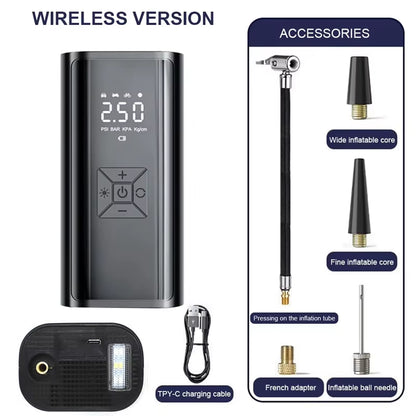 Wireless Car Air Compressor and Electric Tire Inflator for Motorcycles, Bicycles, Boats, and Inflatable Items
