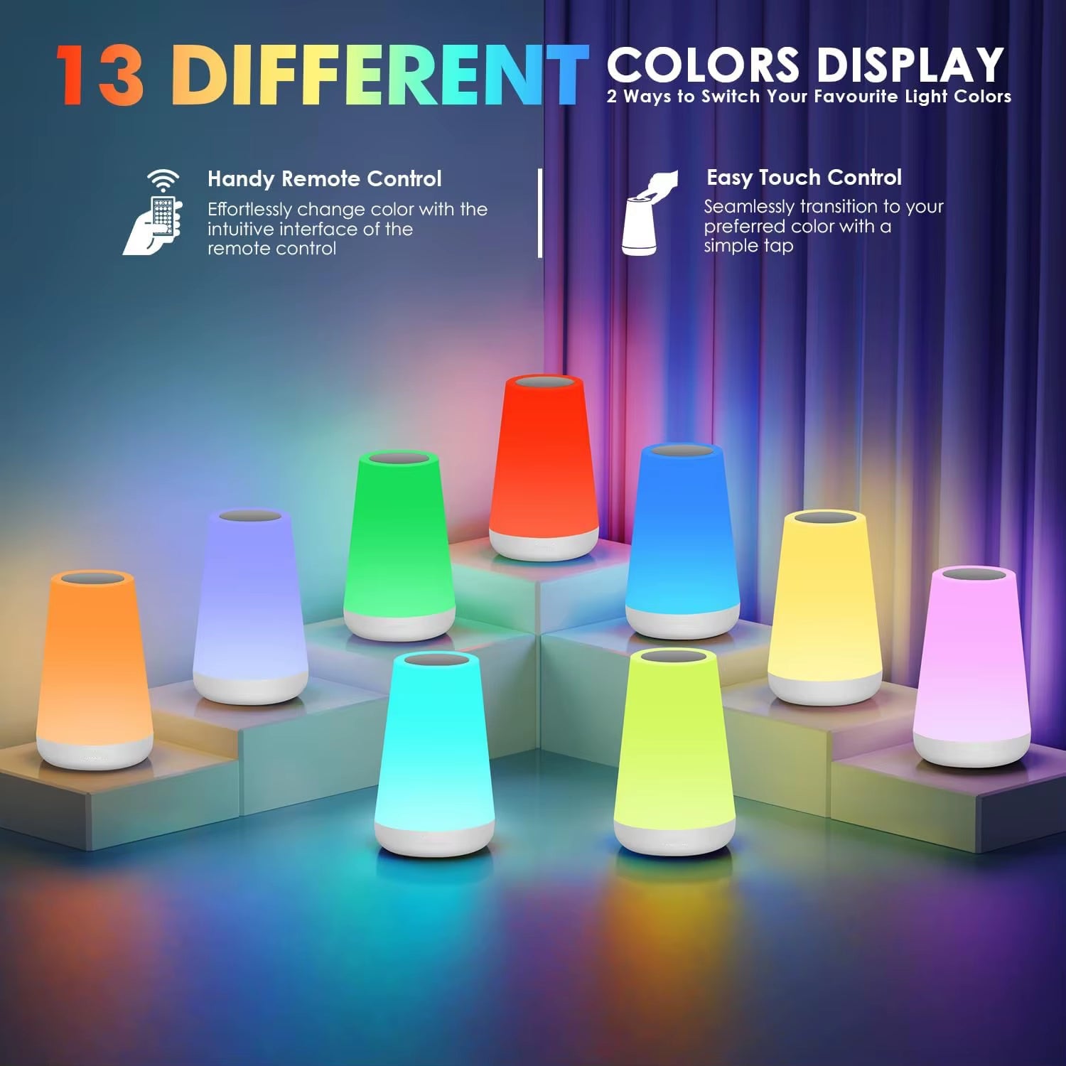 RGB LED Night Light with Remote Control and Touch Functionality - Dimmable, USB Rechargeable, Portable Table and Bedside Lamp with 13 Color Options