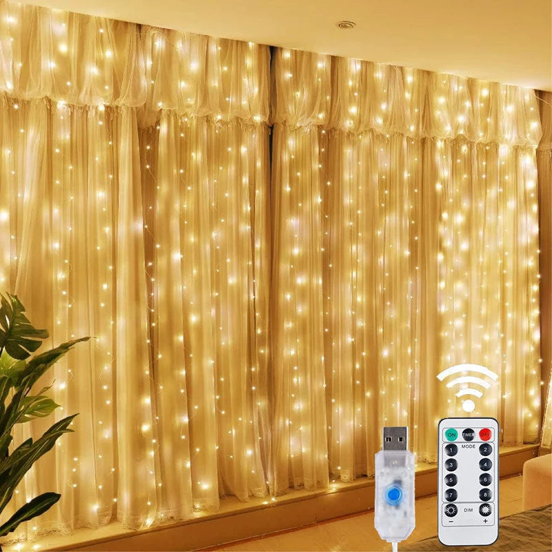 LED Fairy String Curtain Lights with 8 Modes, Remote Control, and USB for Festive Home Decoration - Christmas and New Year Lamp