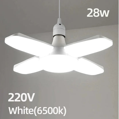 E27 28W Foldable Fan-Shaped LED Bulb, AC220V/110V, 6500K White Light for Home, Ceiling, Warehouse, and Garage Lighting